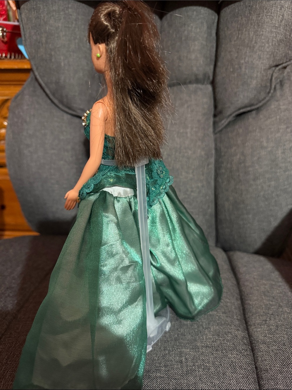 BeautifulBrunette Barbie Doll in gorgeous, sparkling Green Sequin Lace Ball Gown - Picture 3 of 8